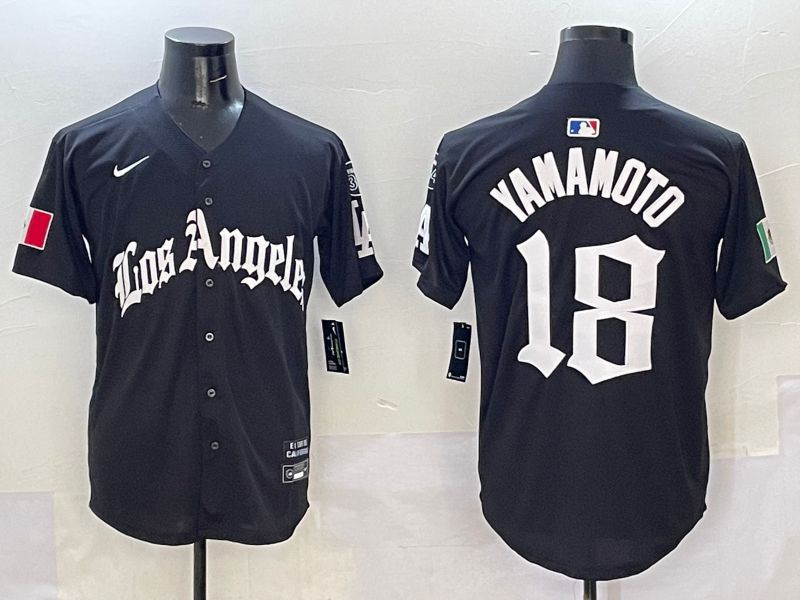 Men Los Angeles Dodgers 18 Yamamoto Black Five generations Joint Name 2025 Nike MLB Jersey style 1